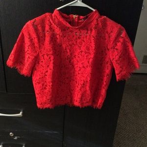 Express red lace short sleeve crop top size small